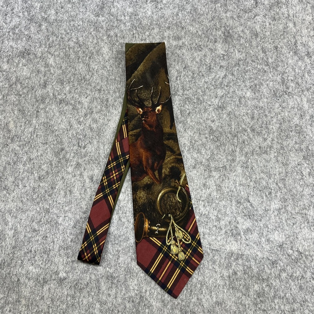 Vintage Polo Ralph Lauren Tie Mens One Size Silk Tartan Stag Hunting Plaid USA
